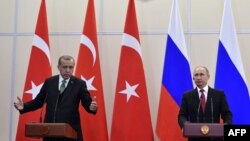 Presidenti turk, Recep Tayyip Erdogan dhe ai rus, Vladimir Putin në një konferencë për media më 3 maj, 2017.