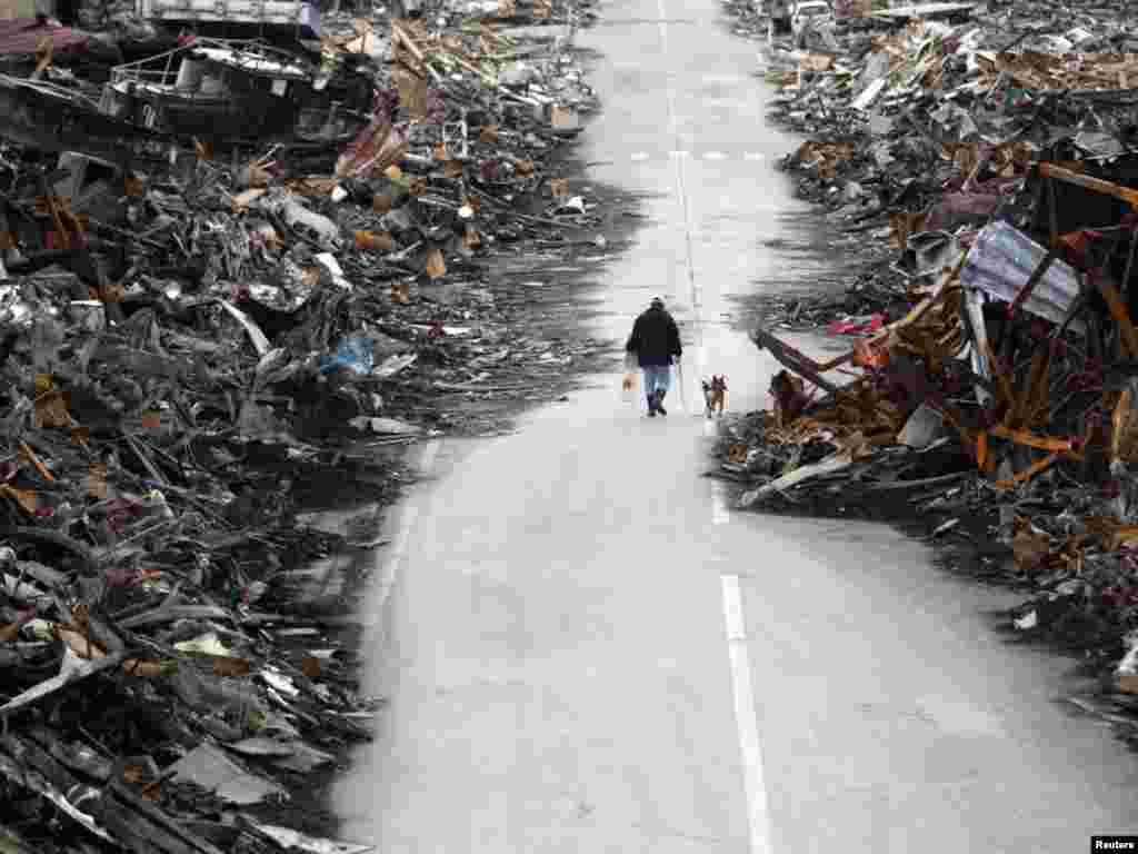 A man walks with his dog at a destroyed residential area of Kesennuma, Miyagi Prefecture, nearly two weeks after the area was devastated by a magnitude 9.0 earthquake and tsunamiPhoto by Issei Kato for Reuters