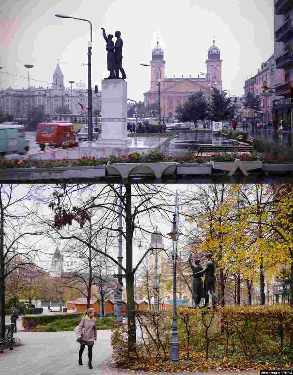 Debrecen 1972-2019 A memorial to Soviet soldiers that once towered over a central square in the eastern city of Debrecen (top). The monument originally featured the names of dead Red Army soldiers beneath a young family welcoming the Soviet Army into Hungary during World War II. In 1993, the monument (on right in 2019 photo) was moved a few meters back from its central location, cut to a stumpier height, and the names of dead Red Army soldiers were removed. 1972 photo: Fortepan/Inkey Tibor