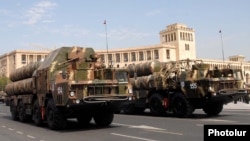 Armenia - Russian-made S-300 air-defense systems of the Armenian army are driven through Yerevan's Republic Square during a military parade rehearsal, 19Sep2011.