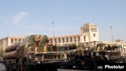 Armenia - Russian-made S-300 air-defense systems are driven through Yerevan's Republic Square during a military parade rehearsal, 19Sep2011.