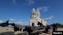 NAGORNO-KARABAKH -- A view shows Ghazanchetsots Cathedral damaged by recent shelling during a military conflict over the breakaway region of Nagorno-Karabakh, in Shushi/Shusha. October 8, 2020