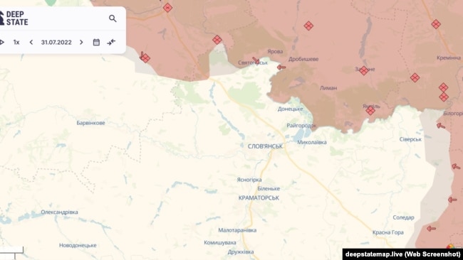 Фронт довкола Слов'янська та Краматорська станом на 31 липня 2022 року на мапі проєкту DeepState