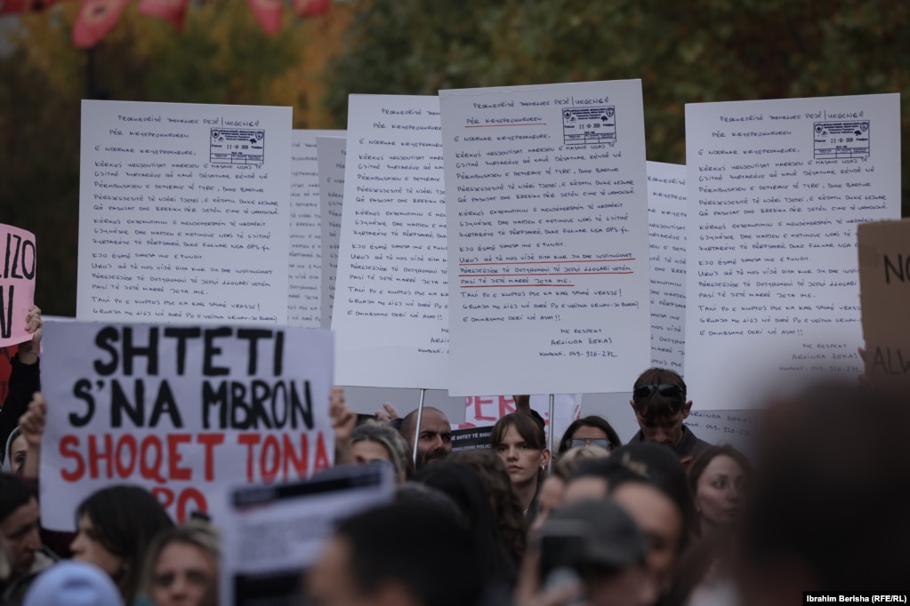 Protestues të shumtë po ashtu mbajtën në duar pankarta që pasqyrojnë letrën që Arlinda Zekaj ua kishte dërguar organeve të drejtësisë dhe sigurisë, në të cilën thoshte se rasti i saj për dhunë në familje po neglizhohej.