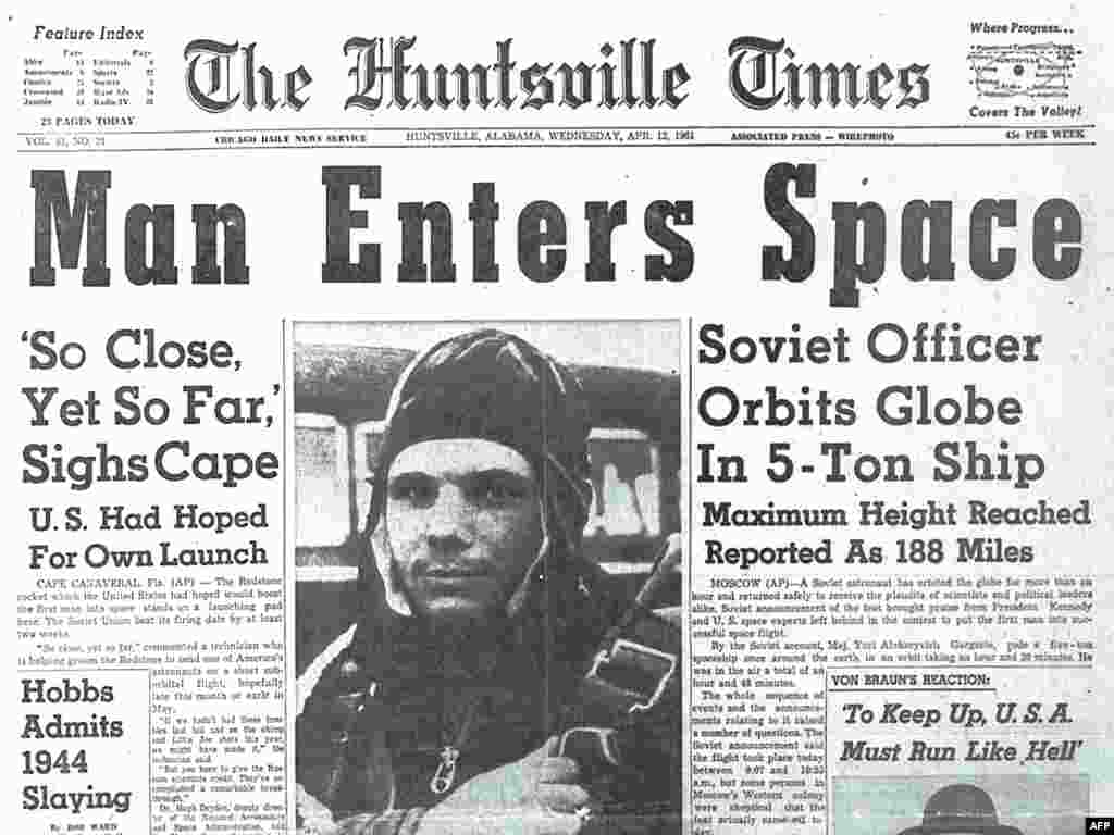 Gagarin în presa internațională, aici într-un ziar din Huntsville, statul american Alabama.