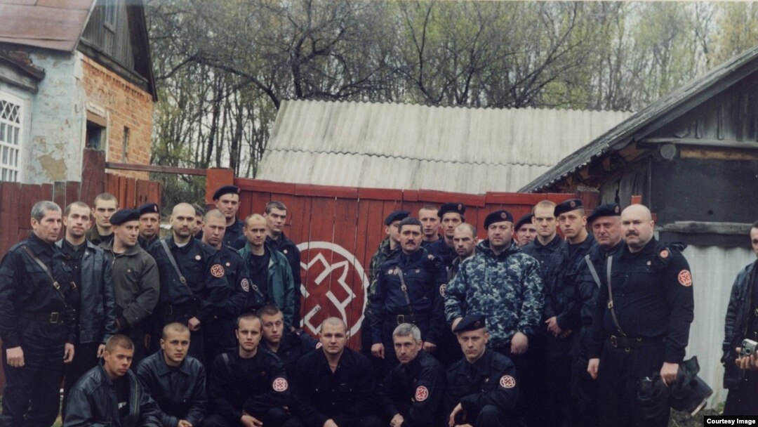 The self-proclaimed governor of the Donetsk region, Pavel Gubarev (first row, third from left), as a Russian nationalist. 
