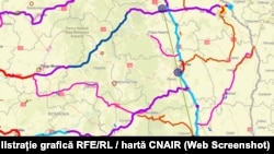 CNAIR vrea să finalizeze în 2025 întrega distanță de peste 170 km între Pașcani și Focșani (linie verde, dreaptă).