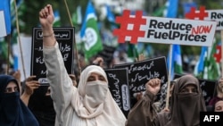 Protesters angered by rising fuel prices triggered by the Middle East war take to the streets of Islamabad on May 15.