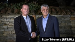 U.S. special envoy Richard Grenell (left) meets with Kosovo President Hashim Thaci on January 22.