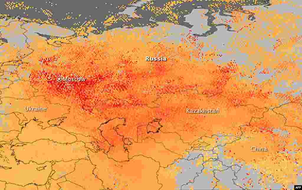 Пажары ў Расеі на мапе НАСА