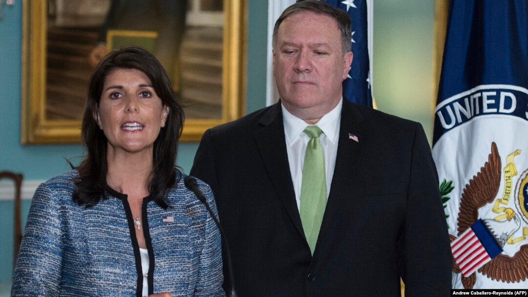 U.S. Ambassador to the United Nation Nikki Haley (left) with U.S. Secretary of State Mike Pompeo in attendance announced her country's decision to withdraw from the UN Human Rights Council on June 19. 