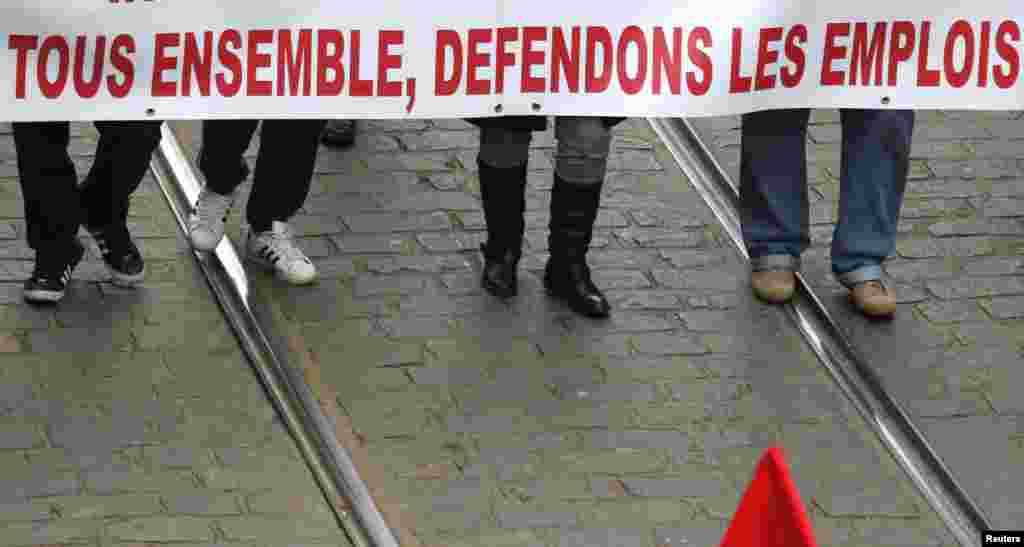 French labor unions march in Strasbourg.