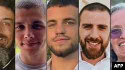 Ostaticii ale căror trupuri au fost recuperate de armata israeliană. (de la stânga la dreapta) Ravid Katz, Kiril Brodski, Tomer Ahimas, Oren Goldin și Maya Goren.