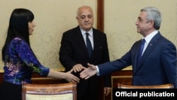 Armenia - President Serzh Sarkisian meets with Prosperous Armenia Party leaders Naira Zohrabian (L) and Stepan Markarian, Yerevan, 12Mar2015.