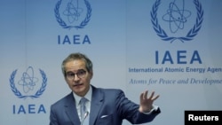 IAEA Director General Rafael Grossi attends a news conference during an IAEA board of governors meeting in Vienna