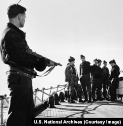 A group of German prisoners captured by a US Coastguard vessel in World War II