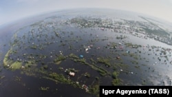 An aerial view of a flooded village in the Amur region in Russia's Far East on August 14