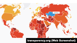 Казахстан на карте стран, охватываемых в исследовании международной организации Transparency International.