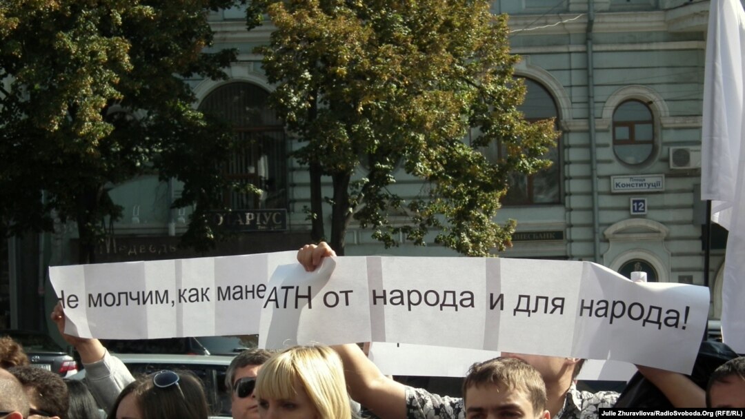 Journalists protest the closure of local TV channels in Kharkiv, Ukraine.