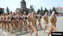 Armenia - Russian troops march in a military parade in Gyumri marking the 69th anniversary of the Soviet victory in World War Two, 9May2014.