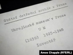 The cover of an inventory listing the contents of the Ukrainian museum in Prague seen in the Czech Republic's National Archives.