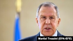 Russian Foreign Minister Sergei Lavrov delivers a speech to the UN Human Rights Council in Geneva on February 28.