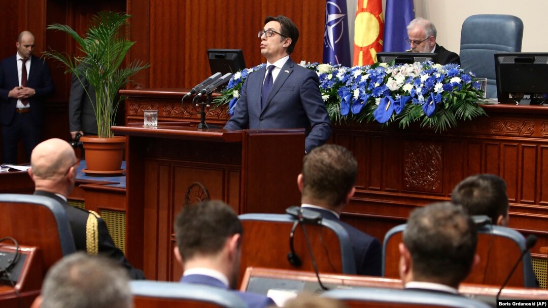 North Macedonian President Stevo Pendarovski talks to lawmakers in Skopje before ratifying the NATO accession agreement on February 11.