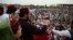 Manzoor Pashteen, leader of the Pashtun Tahafuz Movement, addressing a protest gathering in Peshawar on April 8.