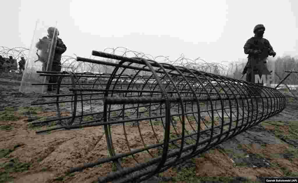 Reinforcing cages for the border wall photographed on January 27, when a press tour to the border area was organized by the Polish authorities. The wall will measure up to 5 1/2 meters high and be equipped with thermal-imaging cameras and motion sensors.