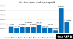 PNL, bani pentru presă și propagandă în 2021. În grafic nu apare și sumele din luna decembrie, ele nu au fost raportate la AEP.