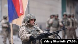 Kazakhstan -- Armenian CSTO peacekeepers protect Aksai Bakery in Almaty, January 11, 2022.