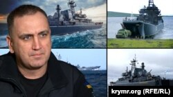 Колаж із зображенням командувача ВМС України Олексія Неїжпапи та російських десантних кораблів
