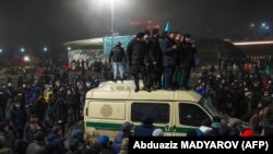 KAZAKHSTAN - Protesters take part in a rally over a hike in energy prices in Almaty on January 5, 2022.