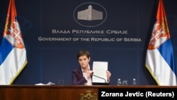 Serbian Prime Minister Ana Brnabic speaks during a news conference after a Serbian government session about Rio Tinto, in Belgrade, Serbia, January 20, 2022.