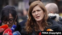 USAID administrator Samantha Power addresses the media in Sarajevo on January 20.