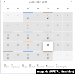 Графік вивезення відходів за однією адрес у місті Менхенгладбах. У окремі дні працівники підприємства забирають макулатуру, відходи від упаковок, електровідходи, а також різдвяні ялинки