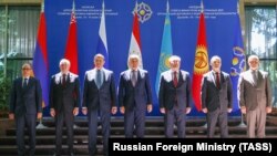 TAJIKISTAN - The foreign ministers of Armenia, Belarus, Russia, Tajikistan, Kazakhstan amd Kyrgyzstan and CSTO Secretary General Stanislav Zas (R) pose for a group picture ahead of a session of the CSTO Council of Foreign Ministers im Dushanbe, May19, 2021.