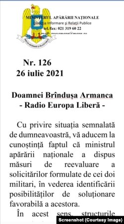 Captură din răspunsul MApN la investigația Europei Libere