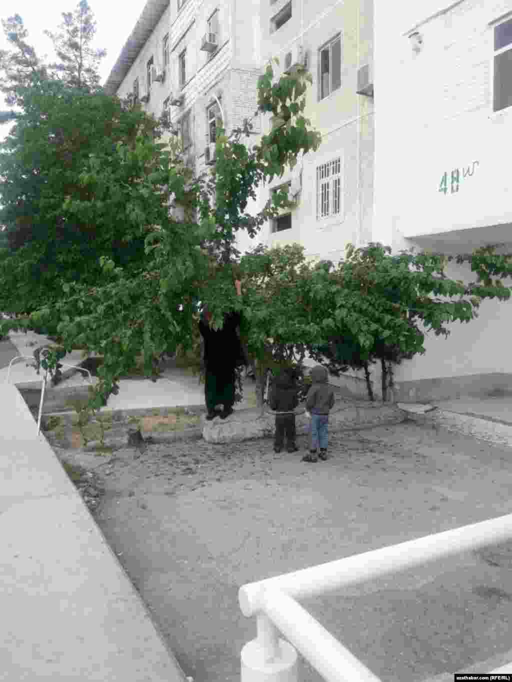 Ýaşaýyş jaýynyň işiginde çagalary üçin bişen tudana ýygýan ene. Aşgabat, maý, 2020.