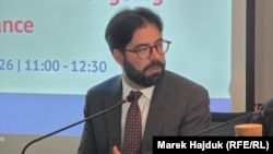 Маттео Арісчі під час дискусії в Центрі європейської політики про порушення прав людини Криму. Брюссель, Бельгія, 17 березня 2026 року