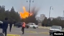 A drone explodes at the airport of the Azerbaijani exclave Nakhchivan on March 5.