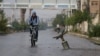 A resident rides his bicycle near what activists said was an exploded cluster bomb shell in the town of Douma, north-east of Damascus in November.