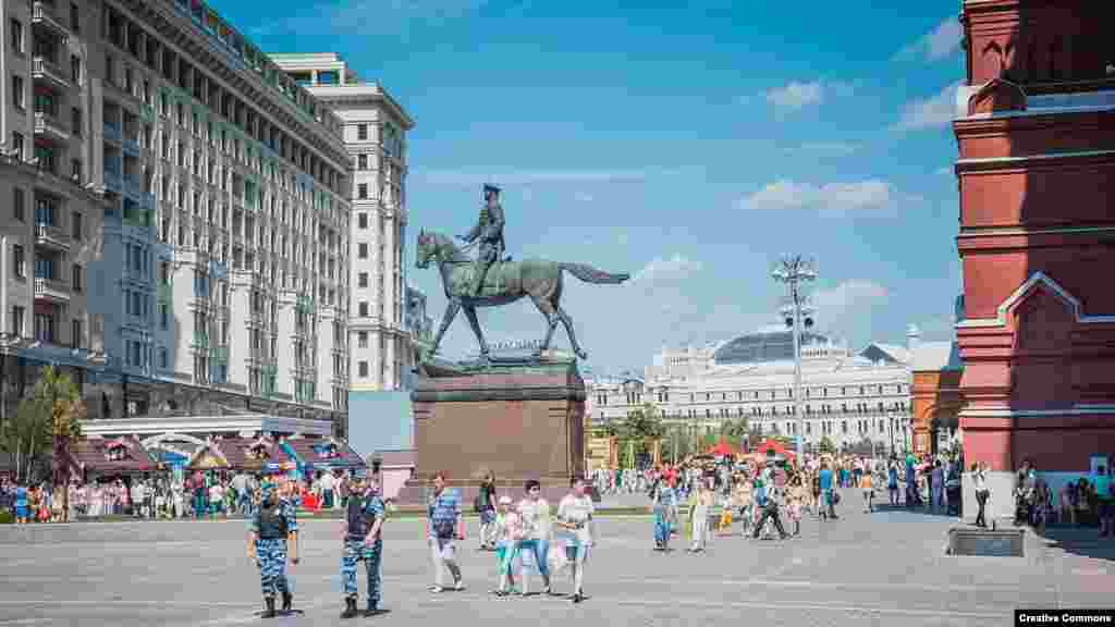 A file photo taken in 2016 shows the statue of Zhukov standing up on his stirrups and extending a hand as if halting the Nazi advance into Soviet Russia. The statue was installed in 1995.&nbsp;