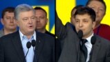 Ukraine - composite photo - President Petro Poroshenko and his rival, actor Volodymyr Zelenskiy, at a debate, April 19 - screen grab