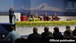 Armenia - President Serzh Sarkisian addresses the Global Forum Against the Crime of Genocide in Yerevan, 22Apr2015.