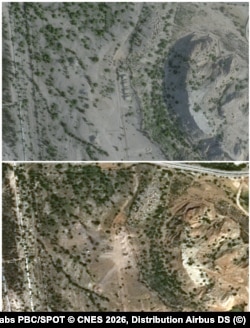 A combination picture shows a site on Kharg Island on February 25 (top), before US strikes, and on March 14, after America targeted purported military facilities on the island.