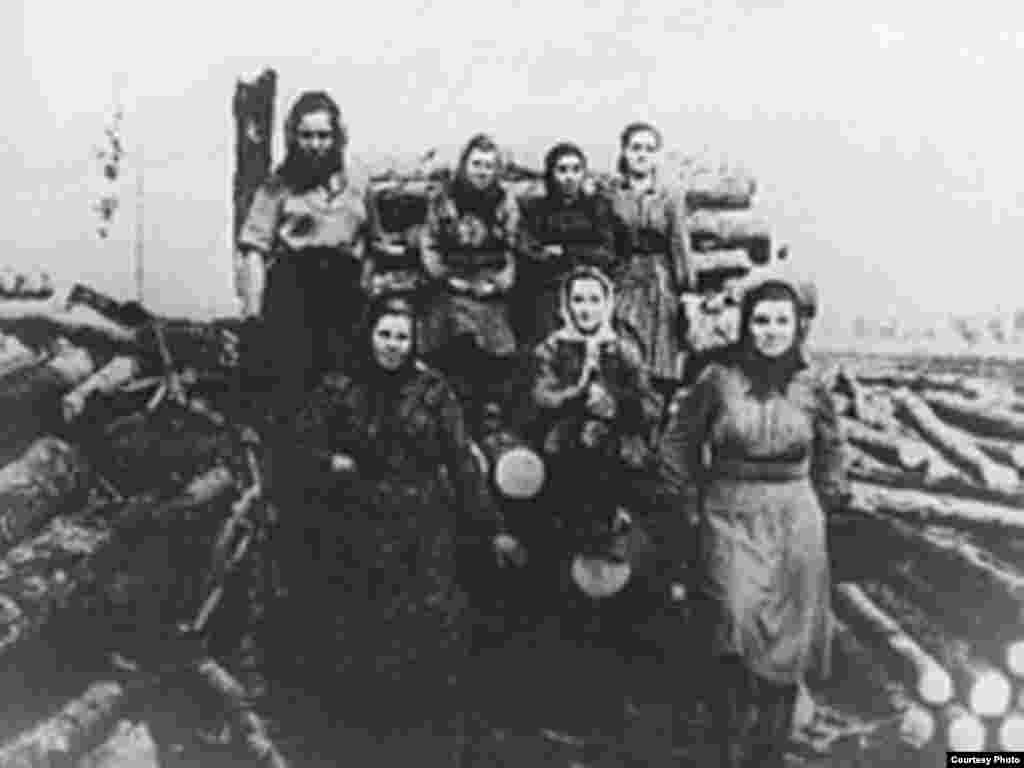 Femei deportate muncind la transportul de lemne