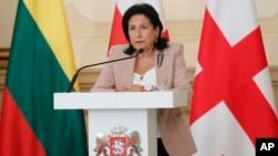 Georgian President Salome Zurabishvili speaks on May 15 at a joint news conference with foreign ministers from Baltic and Nordic states during their trip to Tbilisi. 