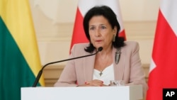 Georgian President Salome Zurabishvili speaks at a joint news conference in Tbilisi on May 15. 