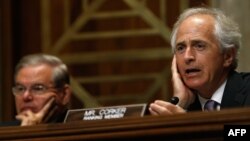 U.S. Senate Foreign Relations Committee ranking member Senator Bob Corker (Republican-Tennessee, right) speaks during a hearing alongside committee Chairman Senator Robert Menendez (Democrat-New Jerseyin Washington on July 9.